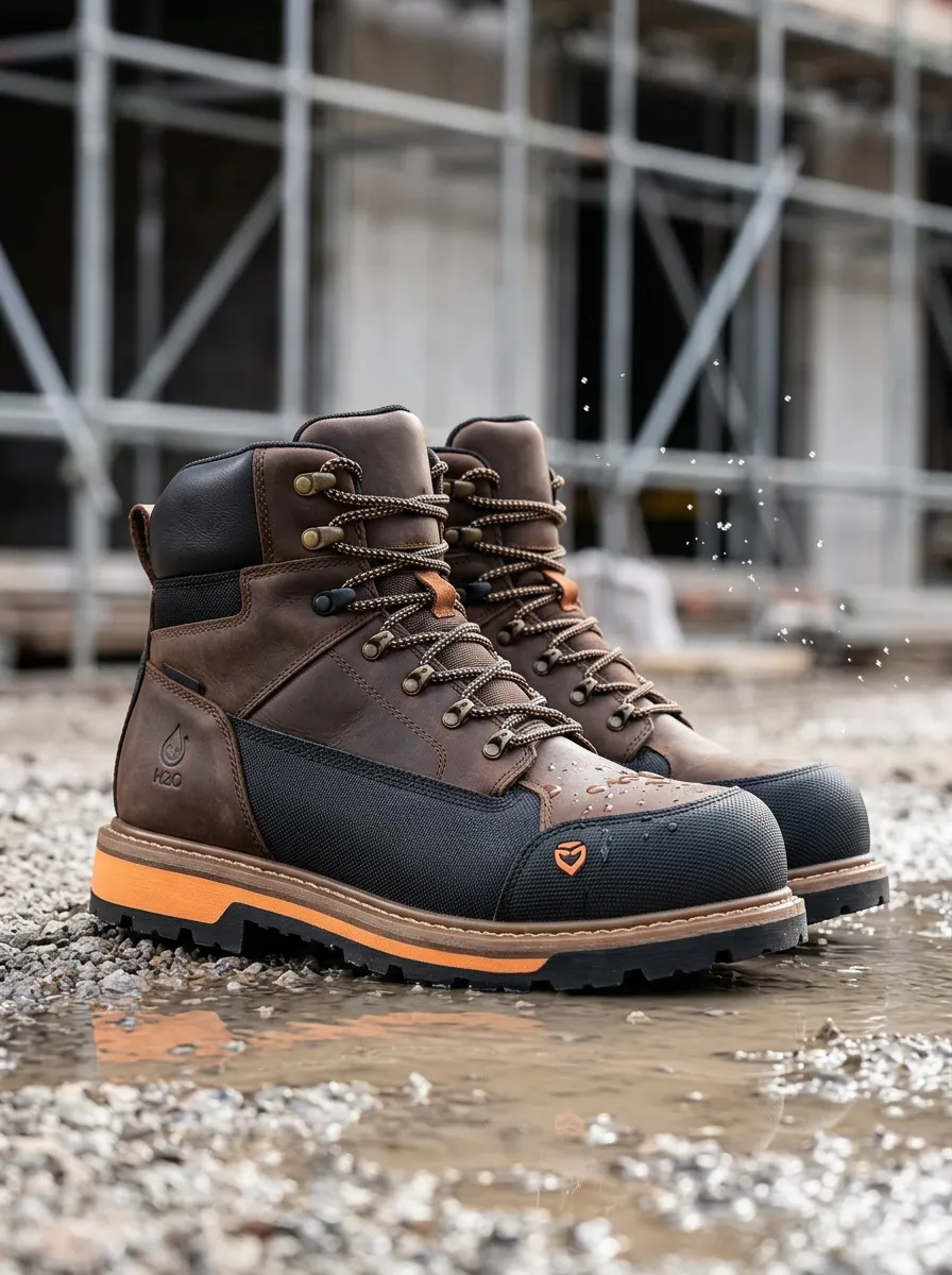 Men's Waterproof H2O Construction Brown Leather Printed Work Boots