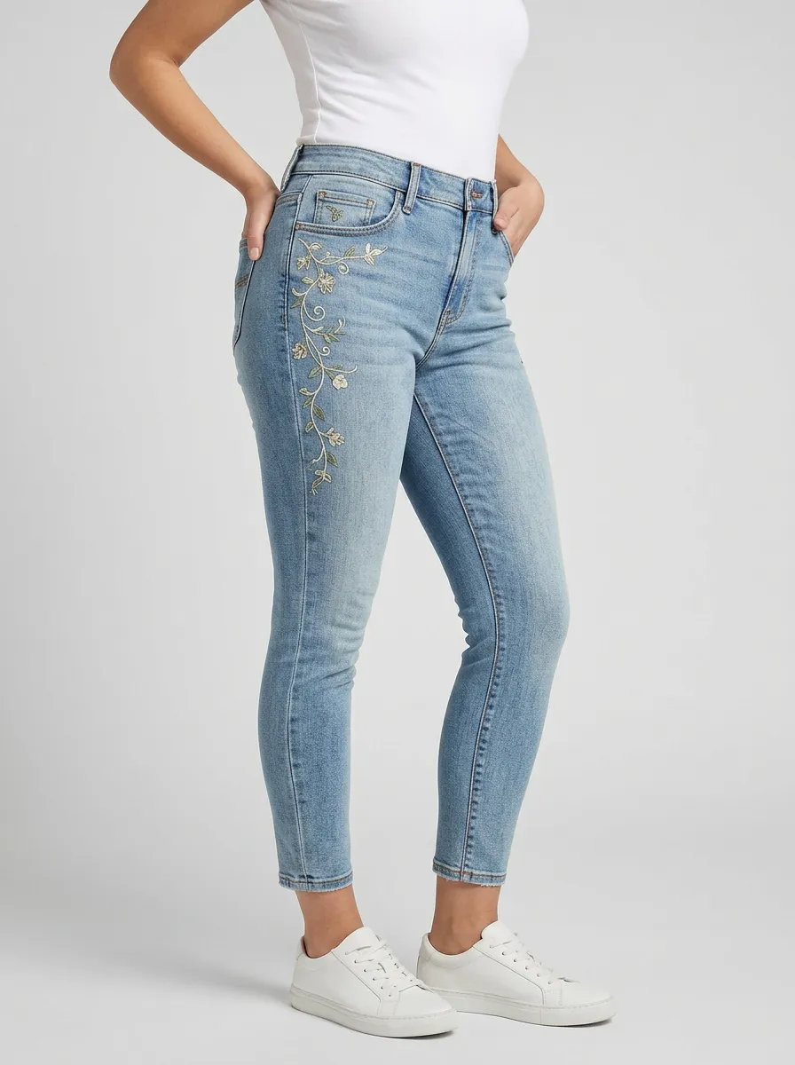 Women's Floral Vine Embroidered Light Wash Slim Jeans