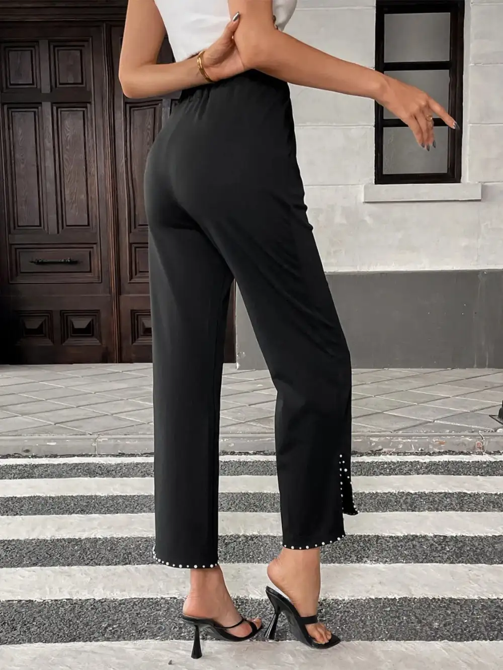 Pearl Embellished Cropped Wide Leg Pants