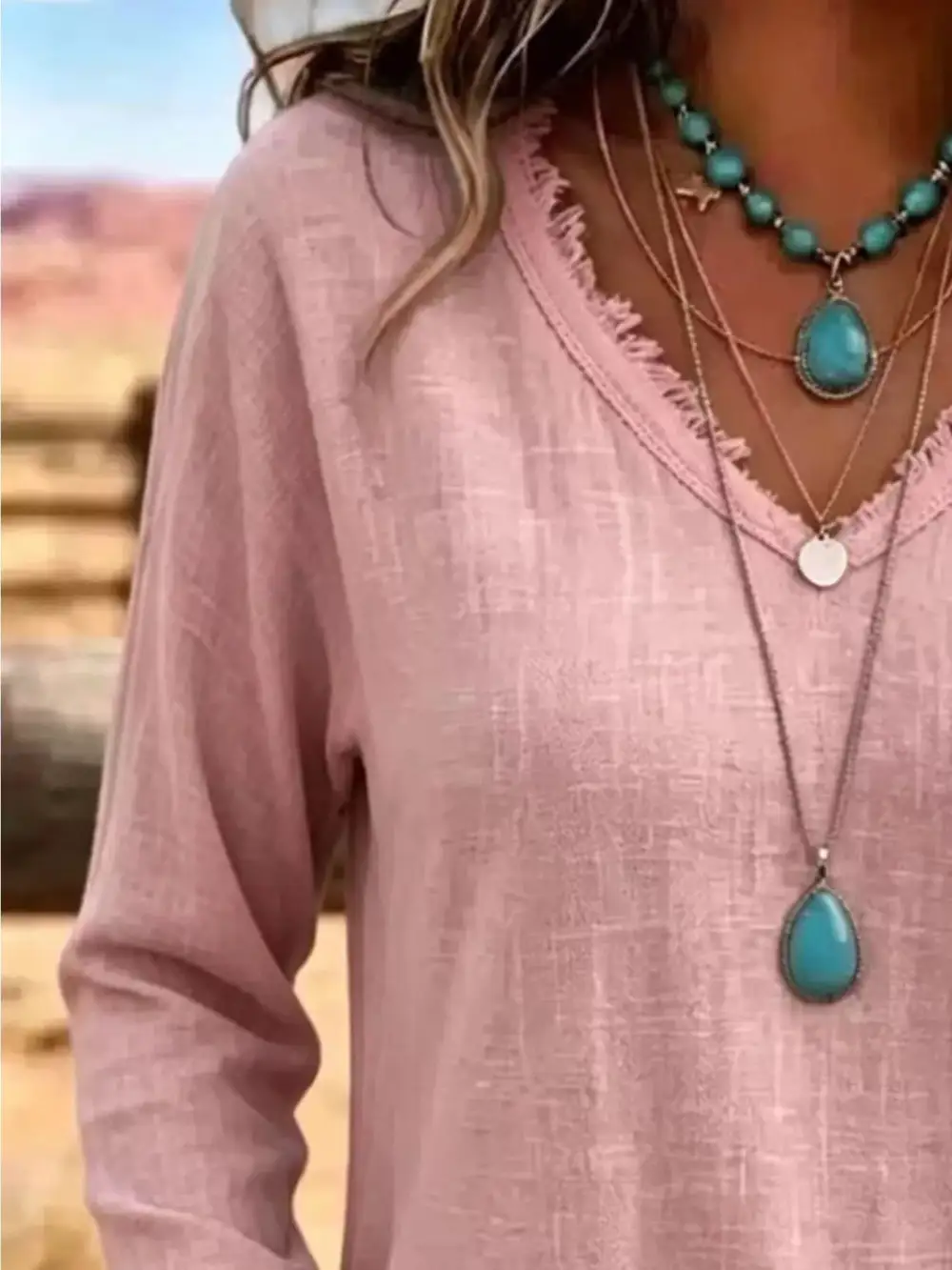 Long Sleeve V-Neck Frayed Hem Blouse