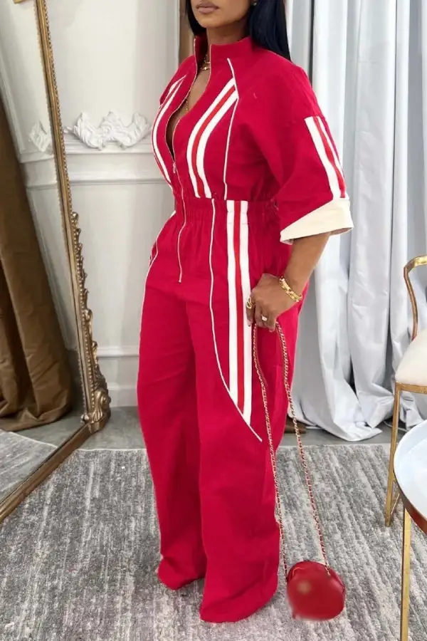 Zip-Front Stand Collar Drop-Shoulder Sleeve Jumpsuit