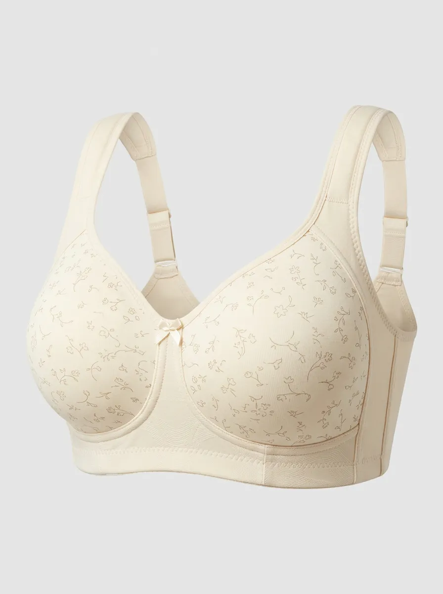 Women's Plus Size Beige Floral Full-Coverage Bow-Detail Wireless Bra