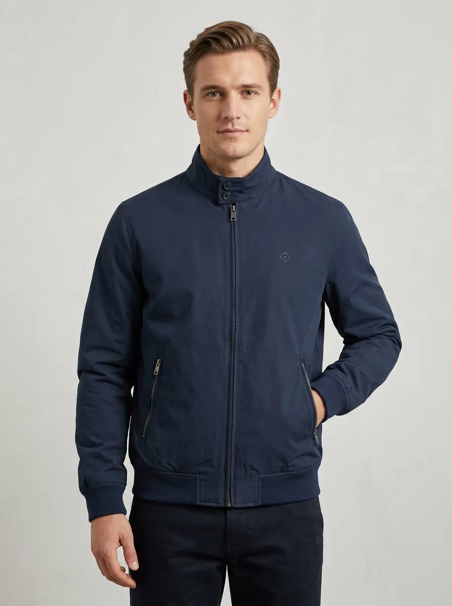 Men's Casual Minimalist Navy Stand Collar Zip-up Jacket