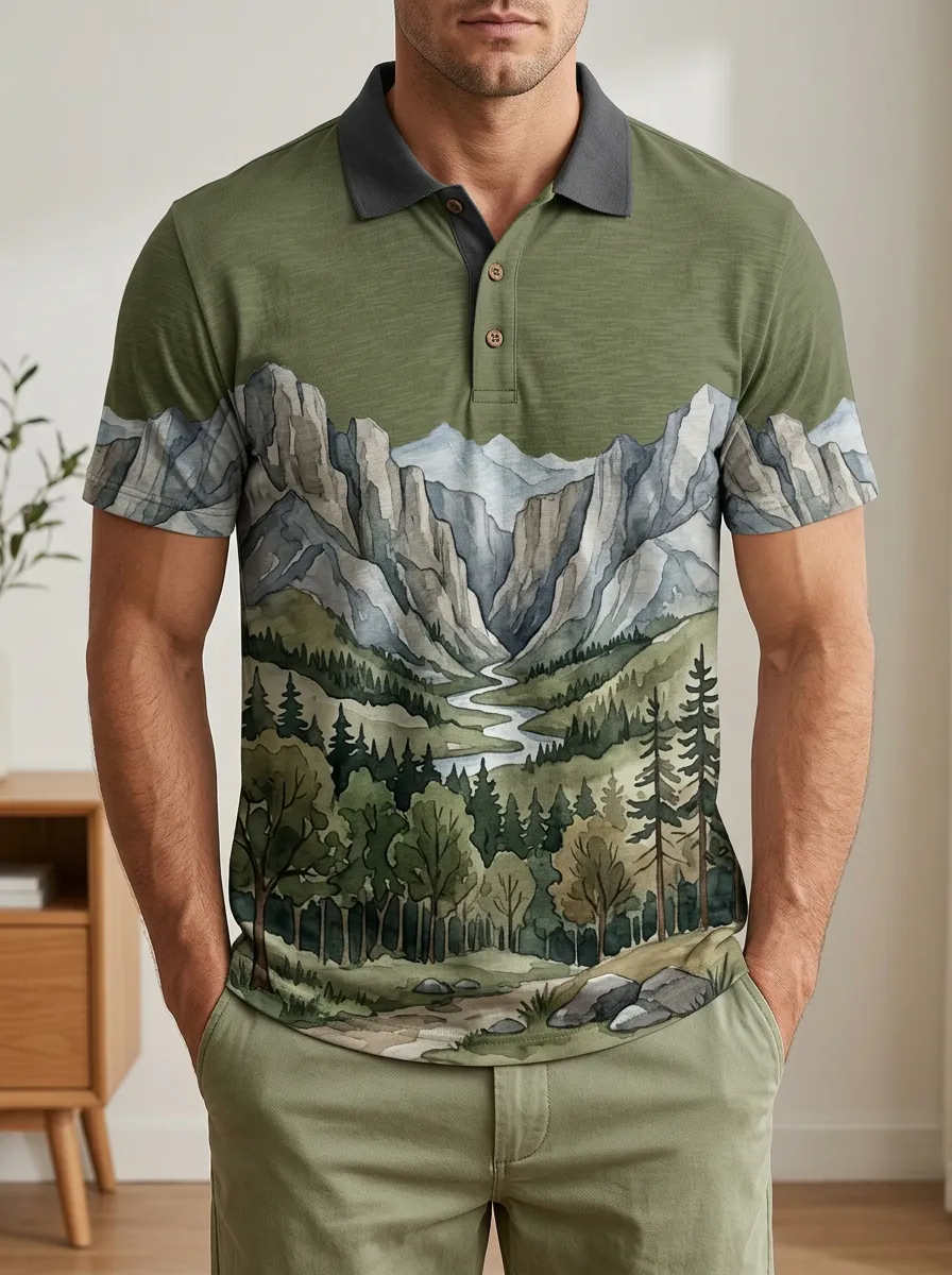 Men's Nature Lover Mountain Forest Landscape Printed Polo Shirt