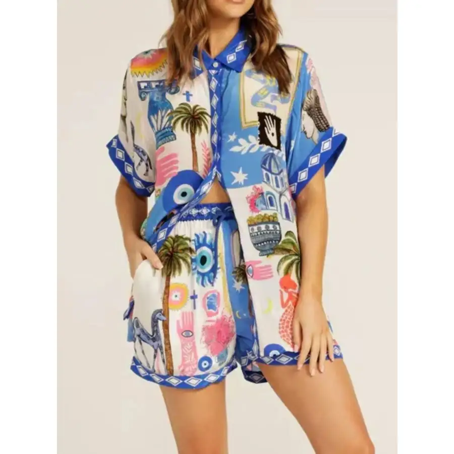 Lightweight Printed Button Up Shirt and Shorts Set