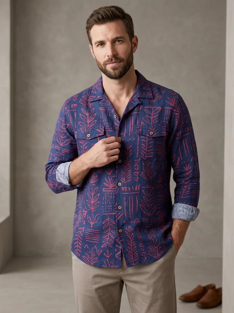 Men's Casual Botanical Abstract Printed Long Sleeve Shirt