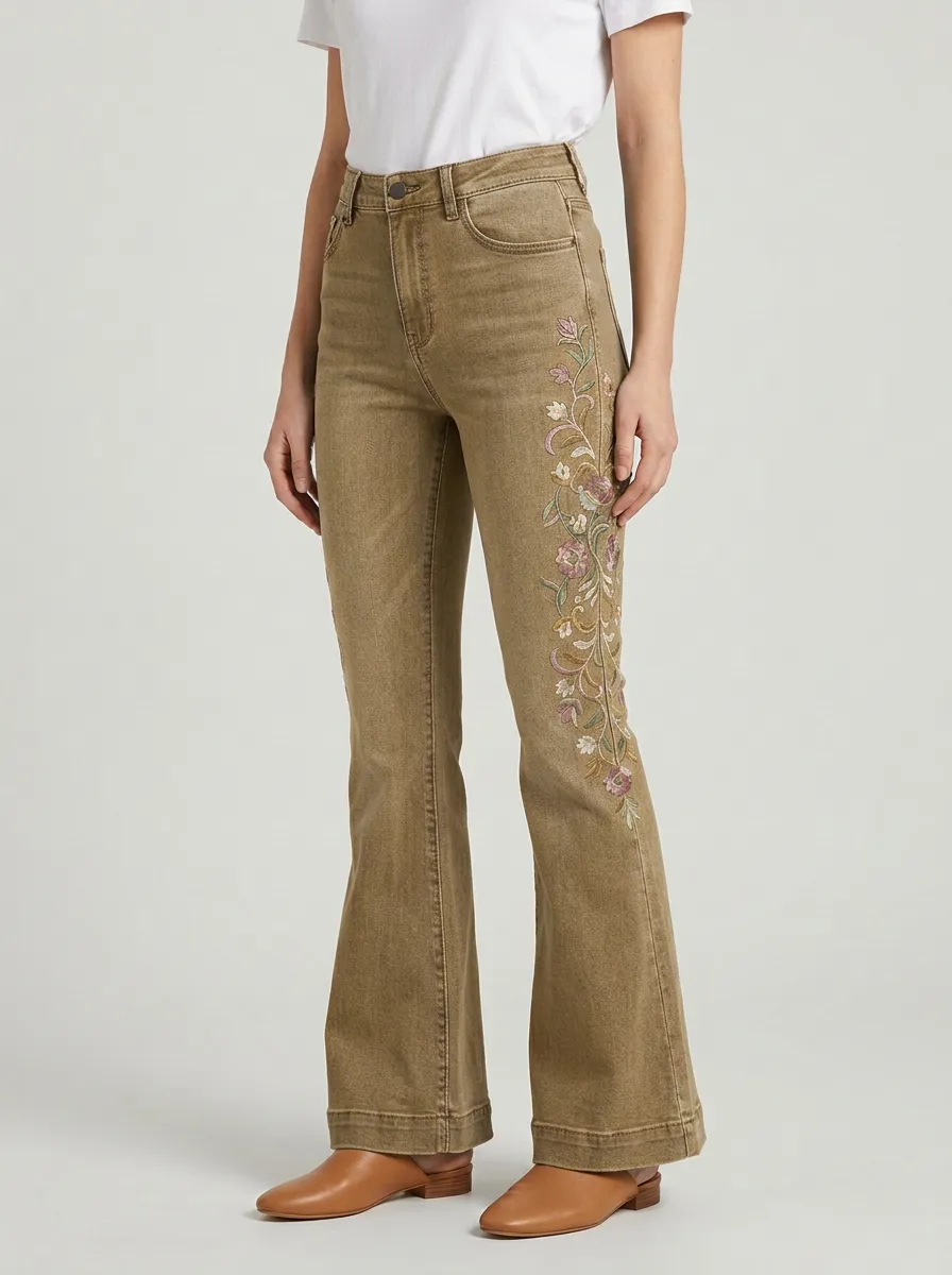 Women's Medium Wash Floral Embroidery High-Rise Five-Pocket Flare Jeans