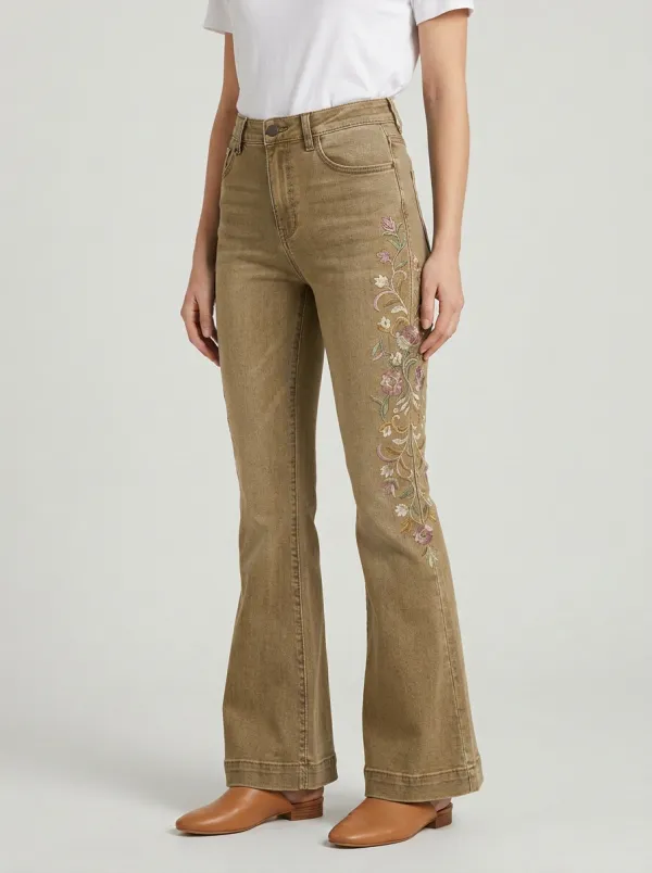 Women's Medium Wash Floral Embroidery High-Rise Five-Pocket Flare Jeans