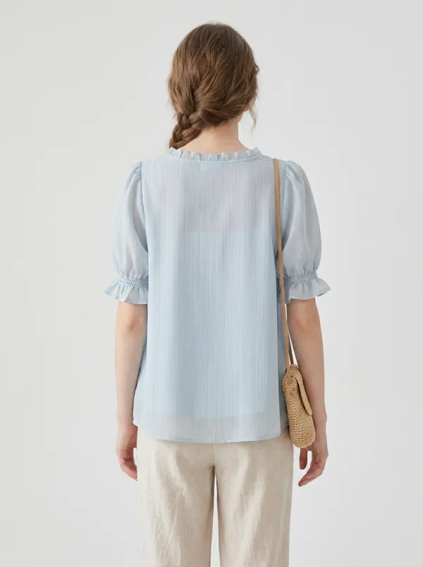 Square-Neck Button-Front Women's Puff-Sleeve Blouse