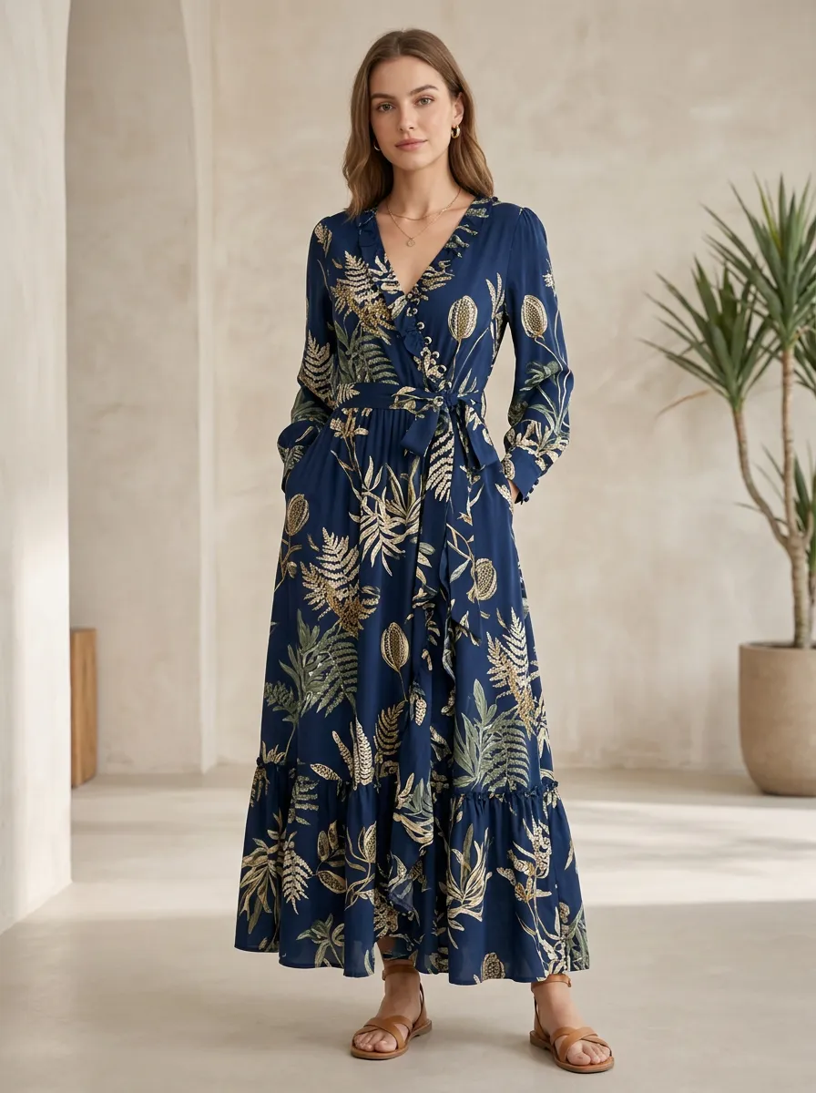 Women's Pattern Rich Botanical Fern V Neck Printed Maxi Dress