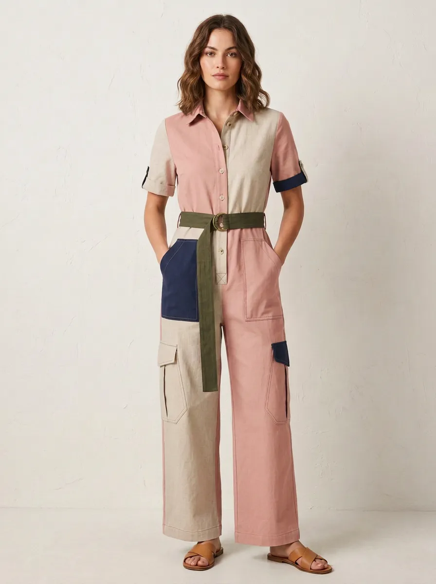 Women's Marlow Utility Patchwork Colorblock Belted Jumpsuit