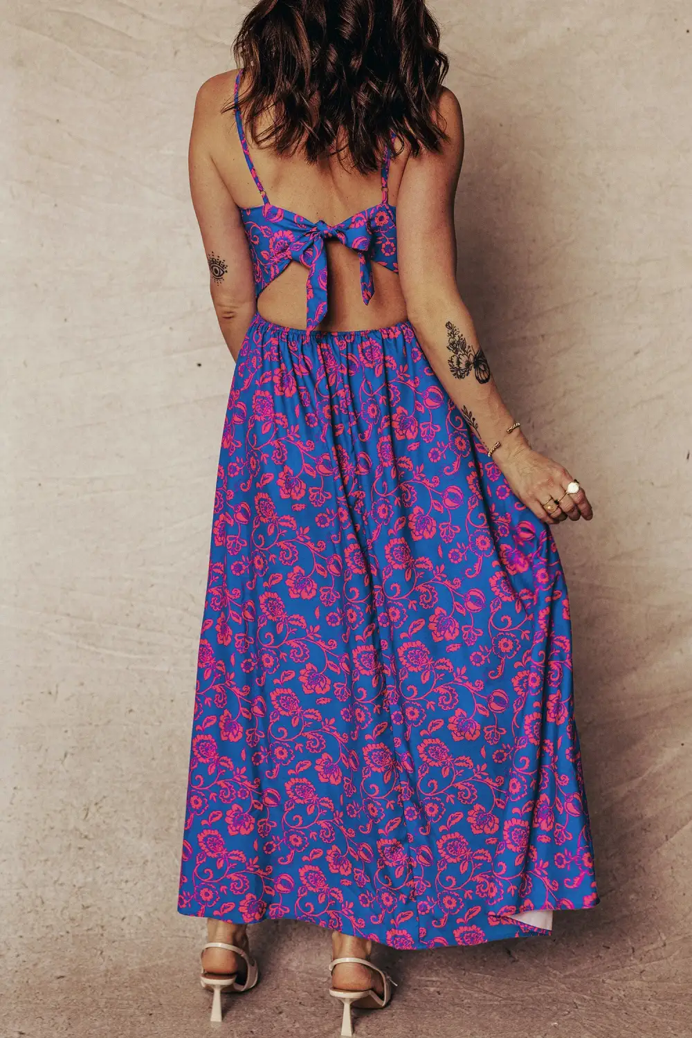 Floral Print Twisted V Neck Tied Backless Maxi Dress