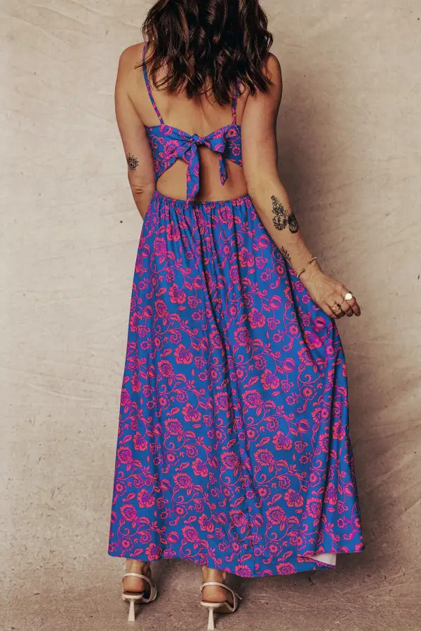 Floral Print Twisted V Neck Tied Backless Maxi Dress