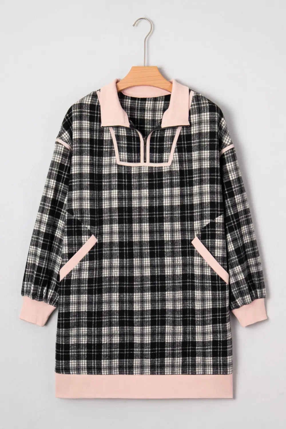 Plaid Polo Collar Zip Up Contrast Trim Shift Long Sleeve Mini Dress