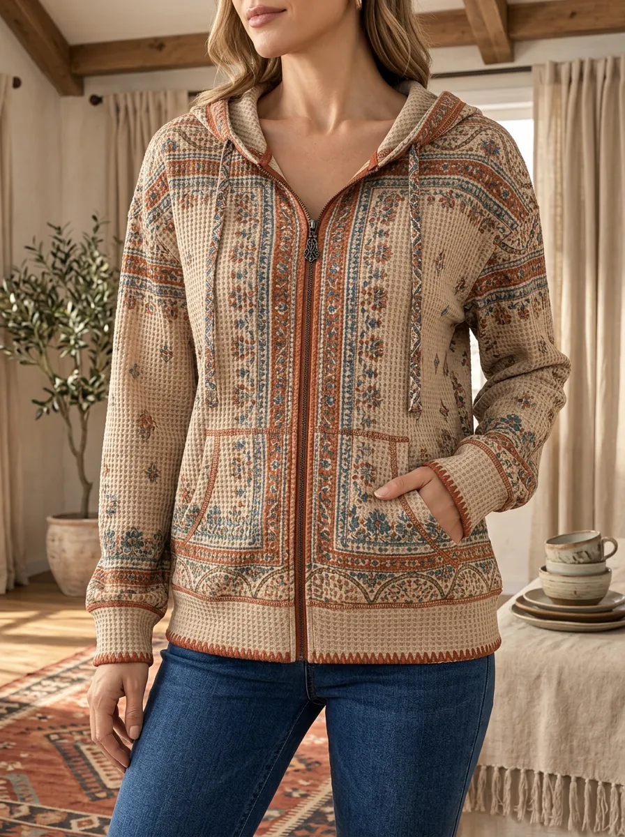 Women's Boho Floral Signature Pattern Waffle Zip-Up Hoodie