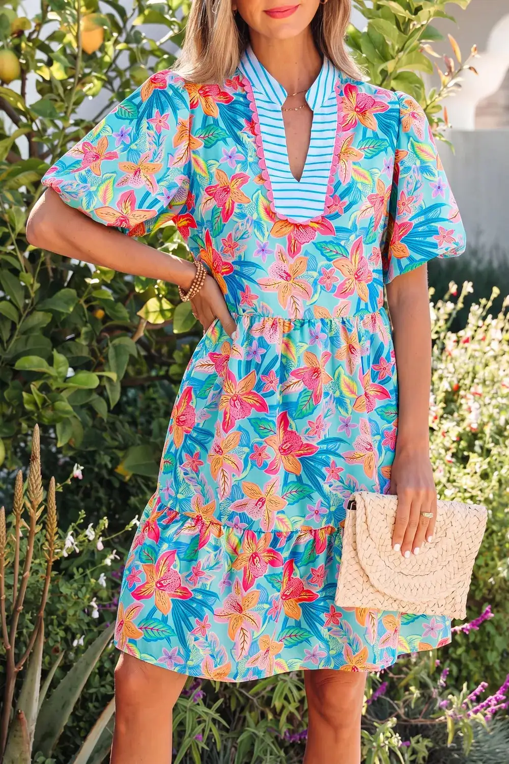 V Neck Floral Casual Dress