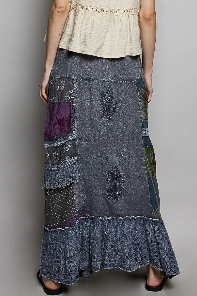 Flowing Printed Patchwork Embroidered Ruffled Skirt Maxi