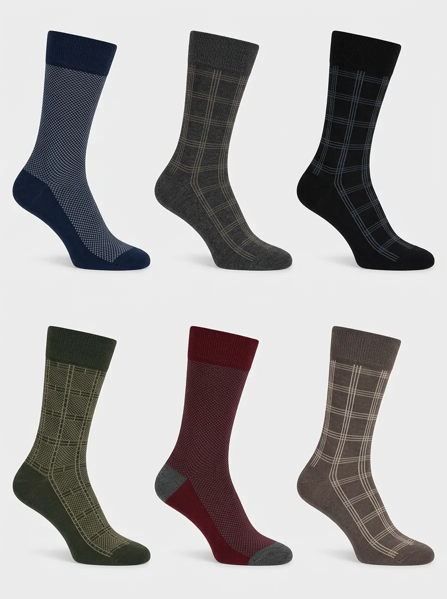 Men's Neutral Plaid Ribbed Crew Socks 6-Pack