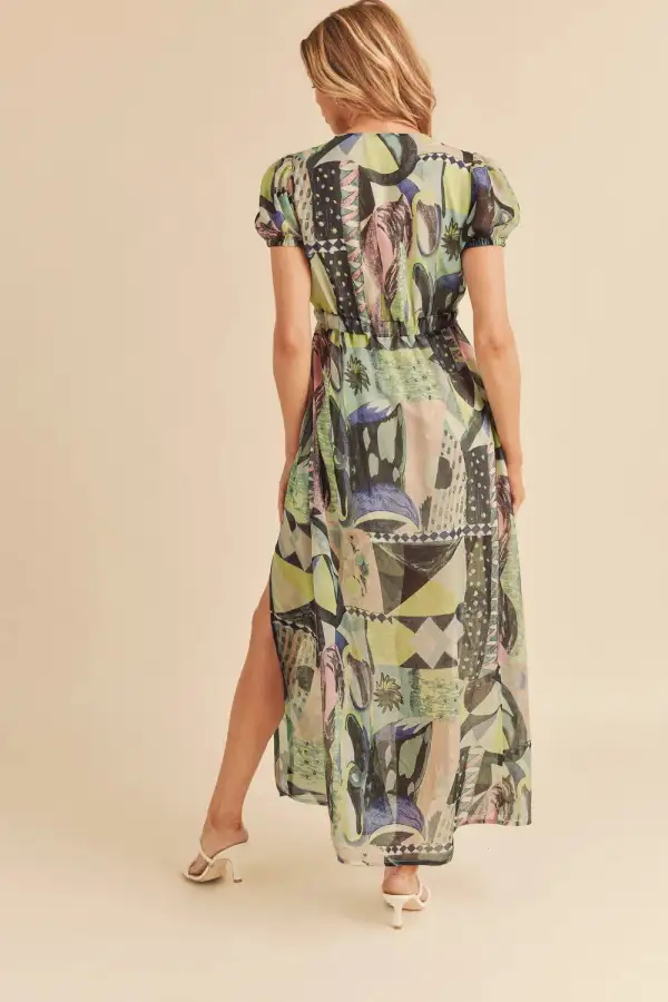 Lace Detail Slit Geometric Print Short Sleeve Maxi Dress