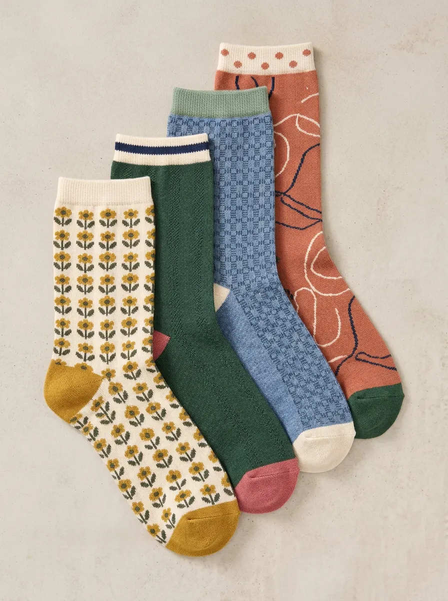 Geometric Floral Vintage Four-Pair Casual Socks