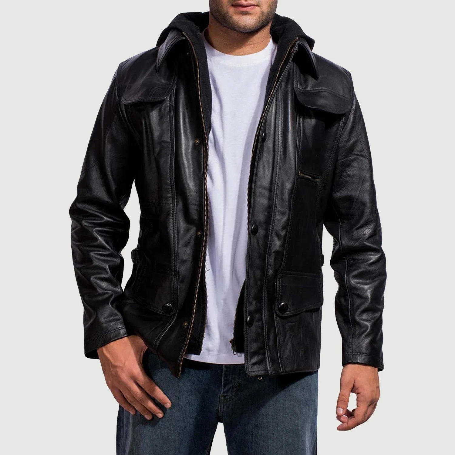 Men's Structured Hooded Leather Jacket