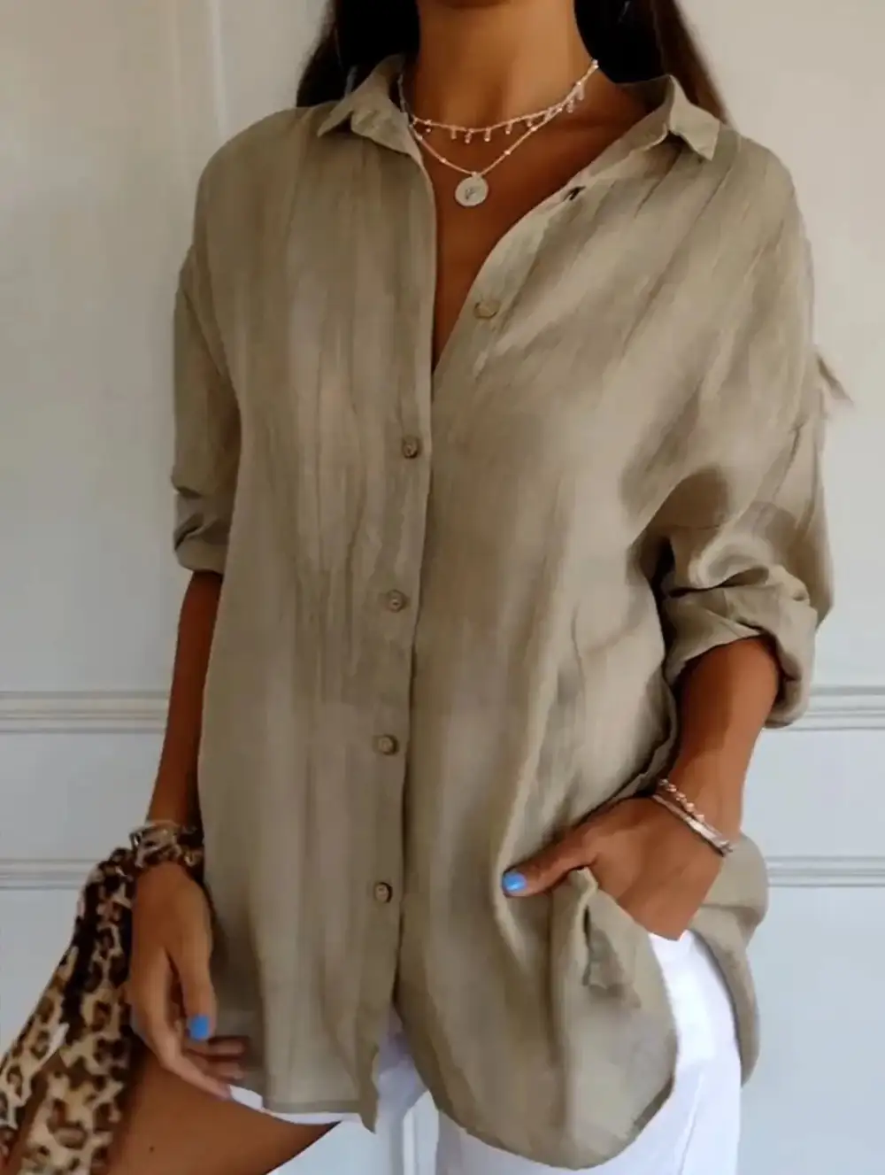 Button Detail Pleated Button-Up Shirt