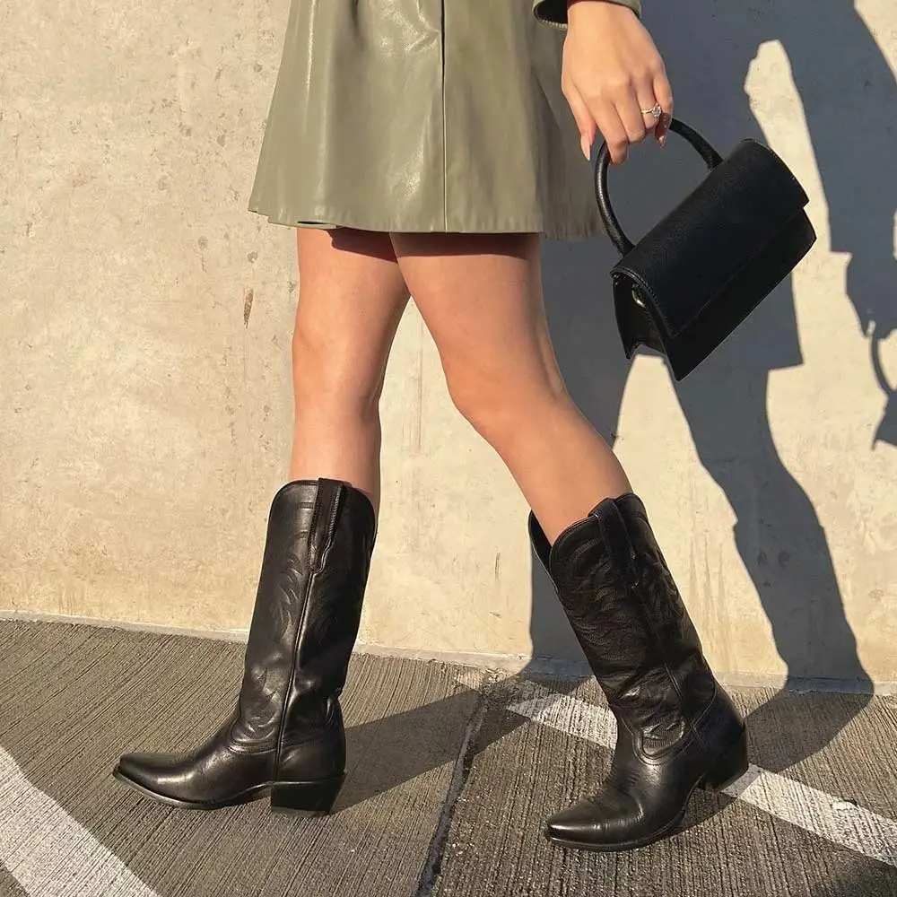 Refined Faux-Leather Embroidered Pointed-Toe Snip-Toe Mid-Calf Boots