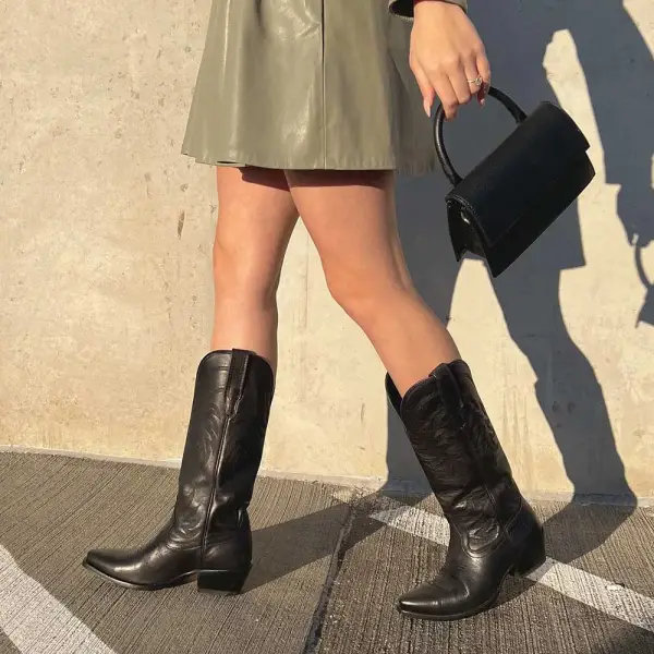 Refined Faux-Leather Embroidered Pointed-Toe Snip-Toe Mid-Calf Boots