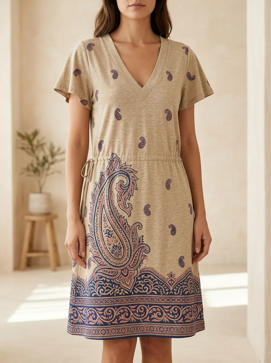 Women's Boho Paisley Pattern Printed V-Neck Dress