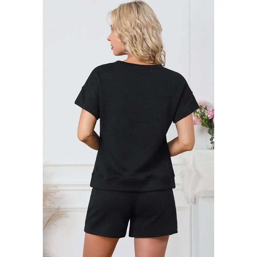 Textured Round Neck T Shirt and Shorts Set