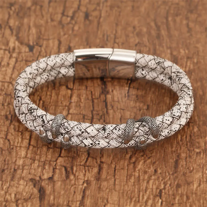 Braided Leather Dragon Claw Stainless Steel Bracelet