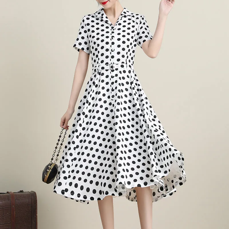 Polka Dot Chiffon Swing Shirt Short Sleeve Midi Dress