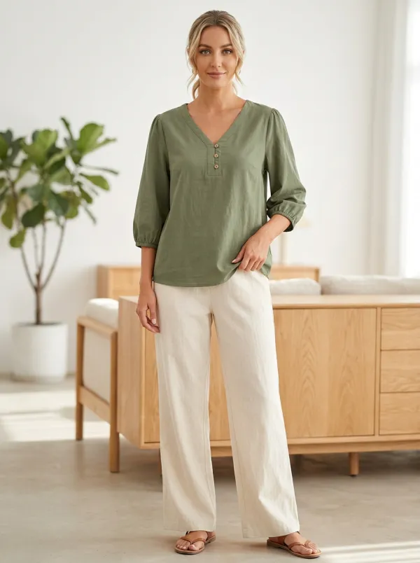 Short-Sleeve Three-Quarter-Sleeve Button-Front Women's V-Neck Shirt