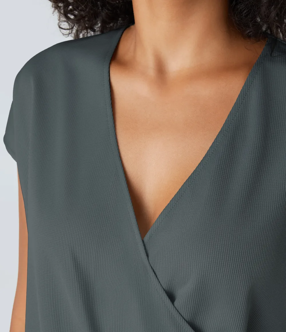 V Neck Short Sleeve Pocket Waffle Casual Romper