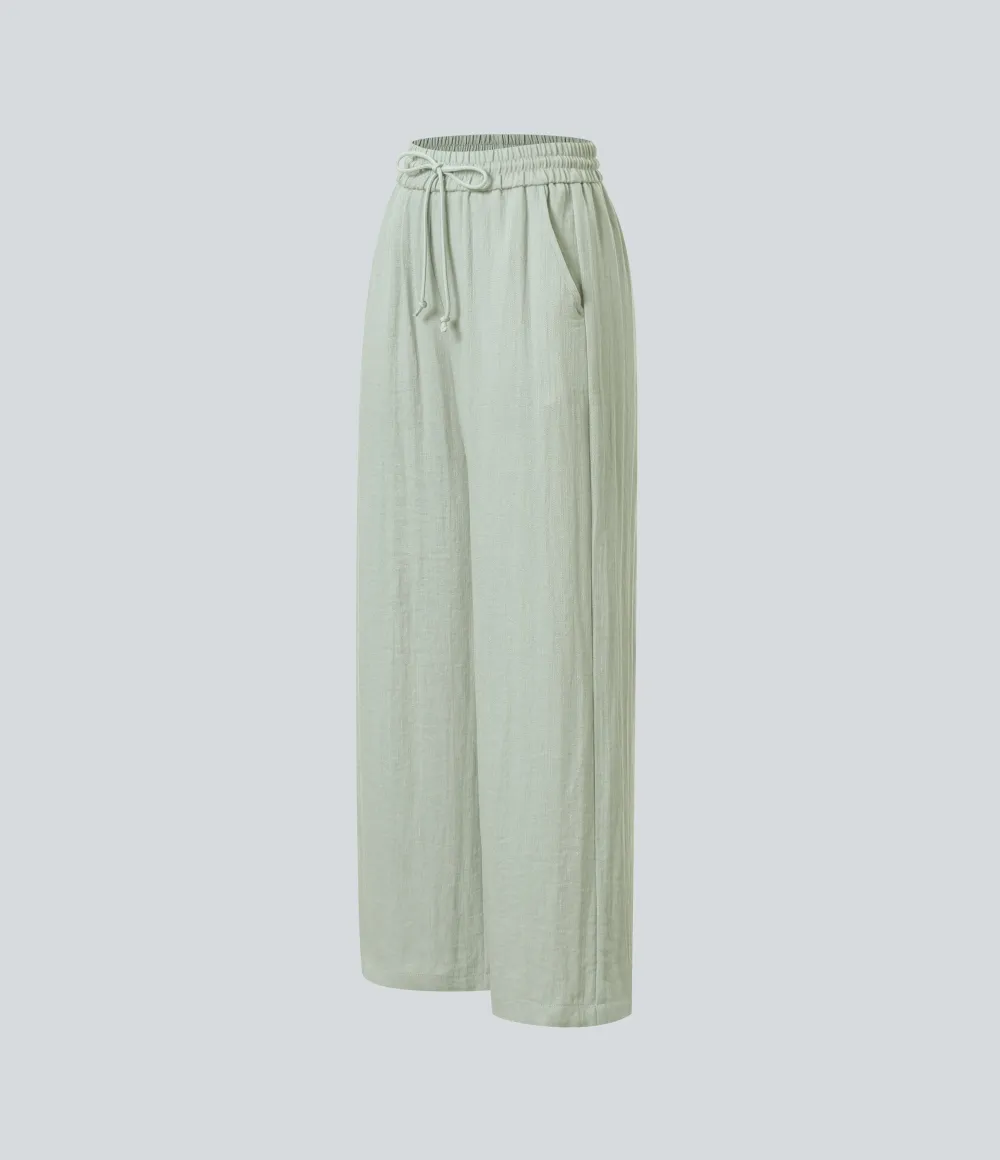 2026🔥  High Waisted Drawstring Pocket Wide Leg Casual Linen-Feel Pants