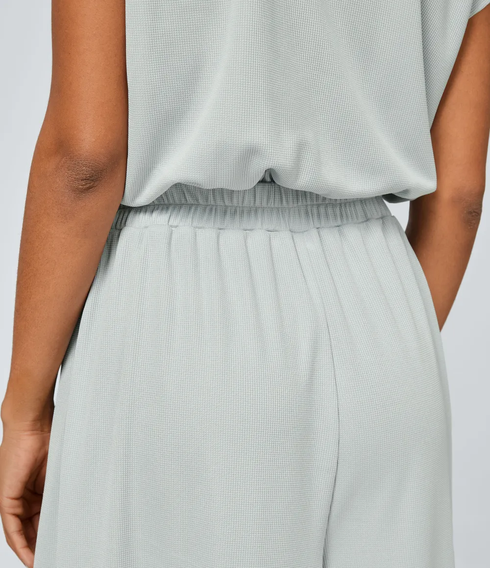 V Neck Short Sleeve Side Pocket Wide Leg Flowy Waffle Casual Jumpsuit