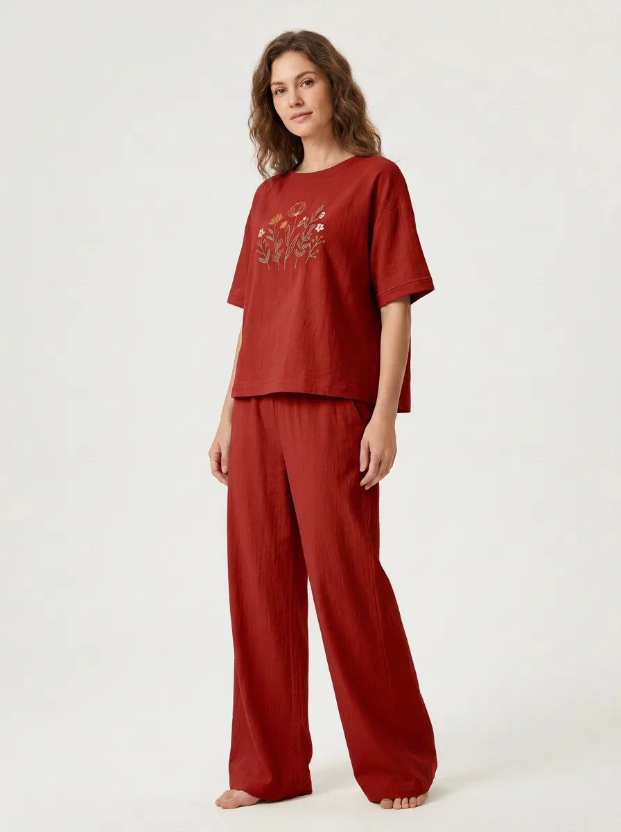 Women's Boxy Floral Embroidered Crewneck T-Shirt And Straight-Leg Trouser Two-Piece Set