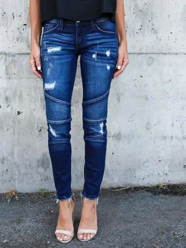 Fitted Pleated Destroyed Stretch Penny Denim Jeans
