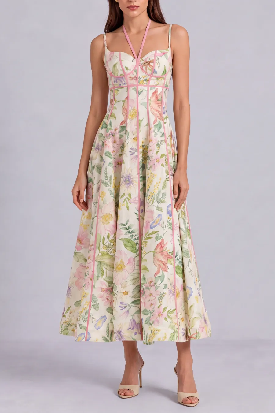 Modern Halter Neck Floral Midi Dress