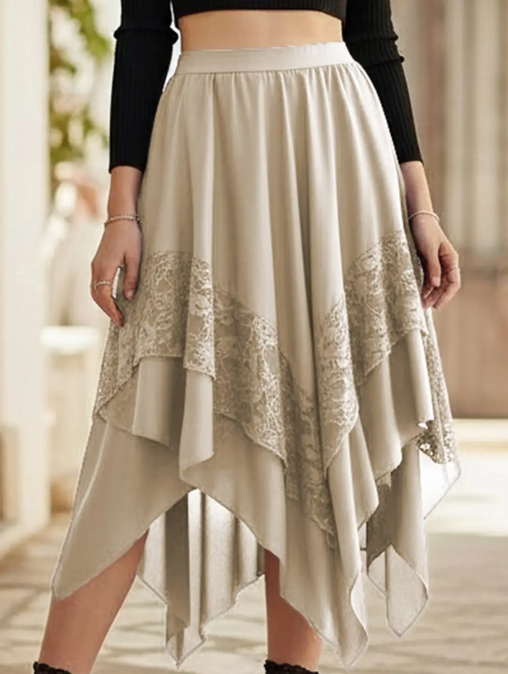 Lace Asymmetric Midi Skirt