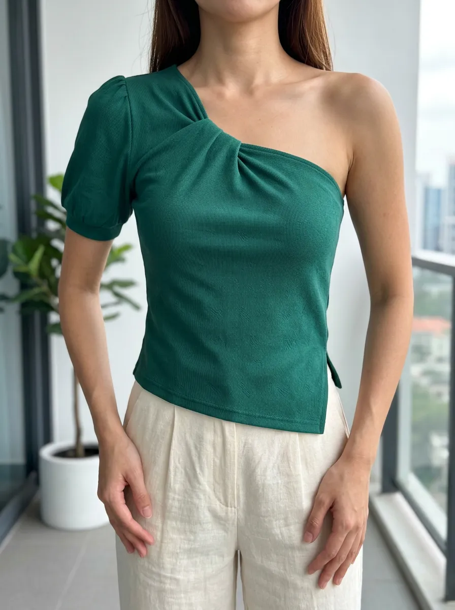 Women's Green Ribbed One Shoulder Puff Sleeve Top