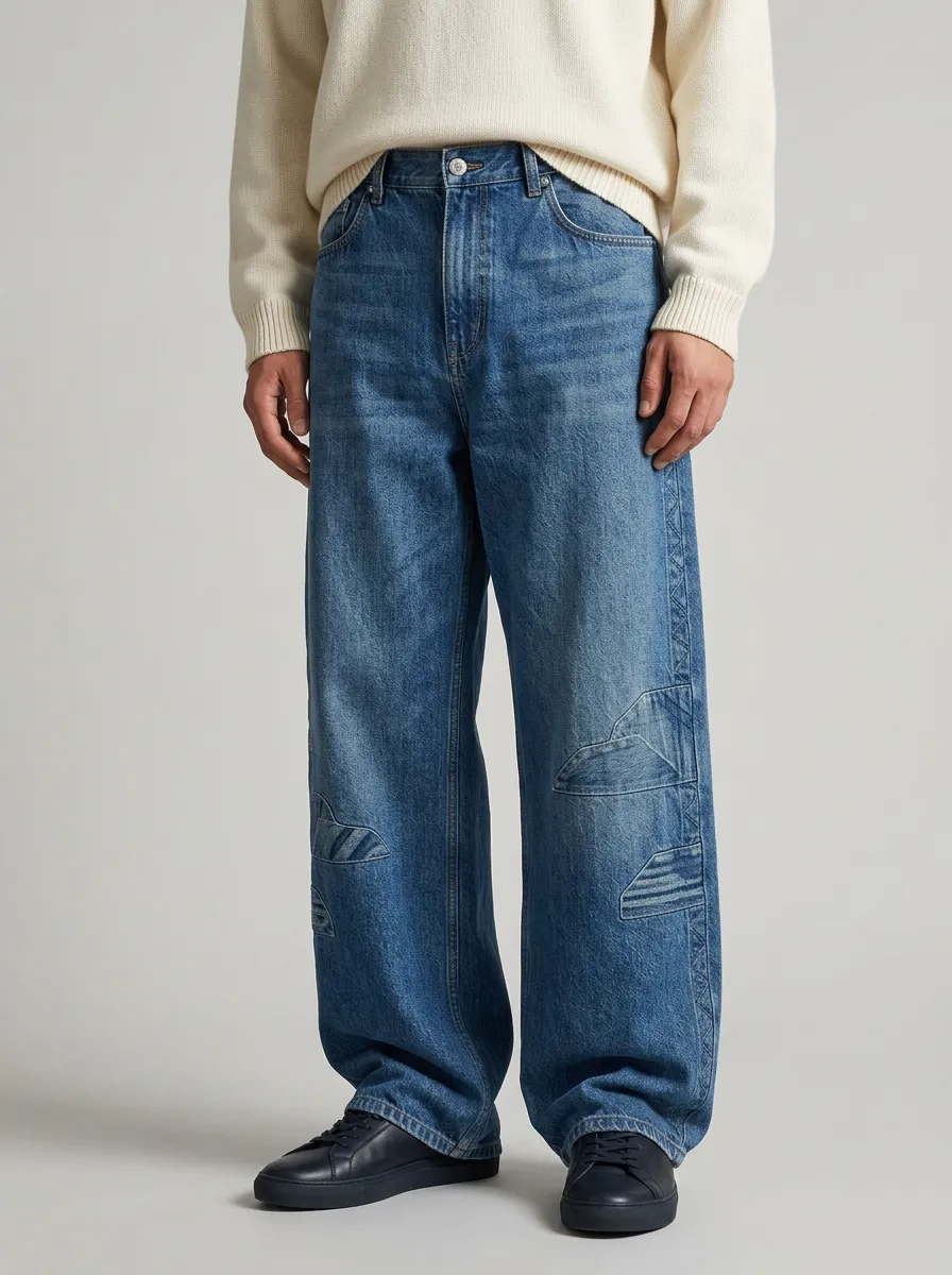 Men's Streetwear Geometric Patchwork Printed Wide Leg Jeans