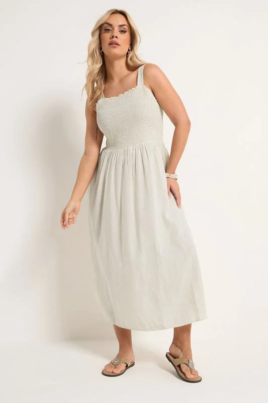 Natural Brown Shirred Linen Midi Dress detail 2