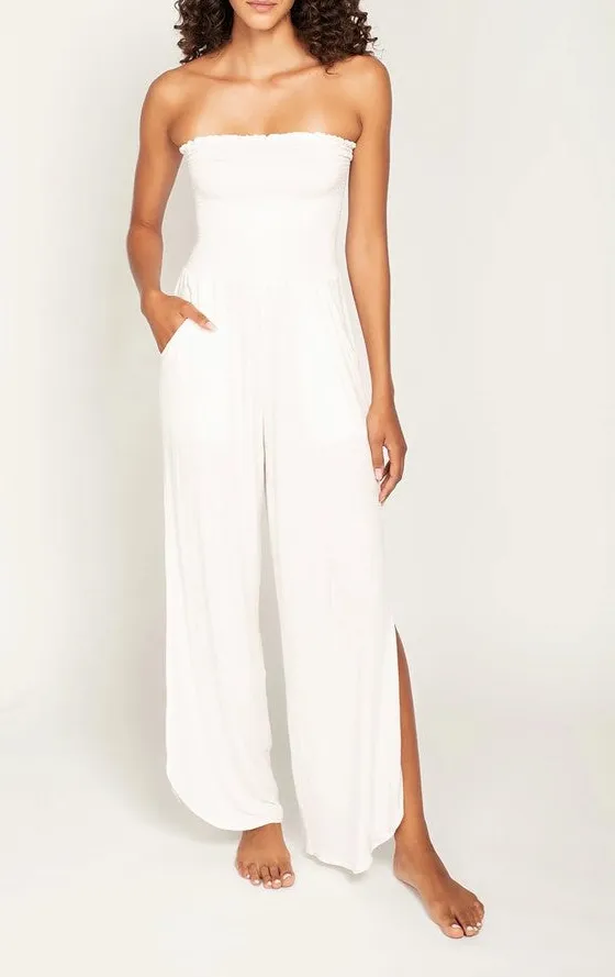 White Strapless Side Slit Wide Leg Jumpsuit