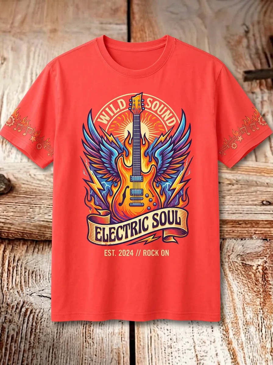 Unisex Rock Music Lover Electric Guitar Wings Printed T-shirt