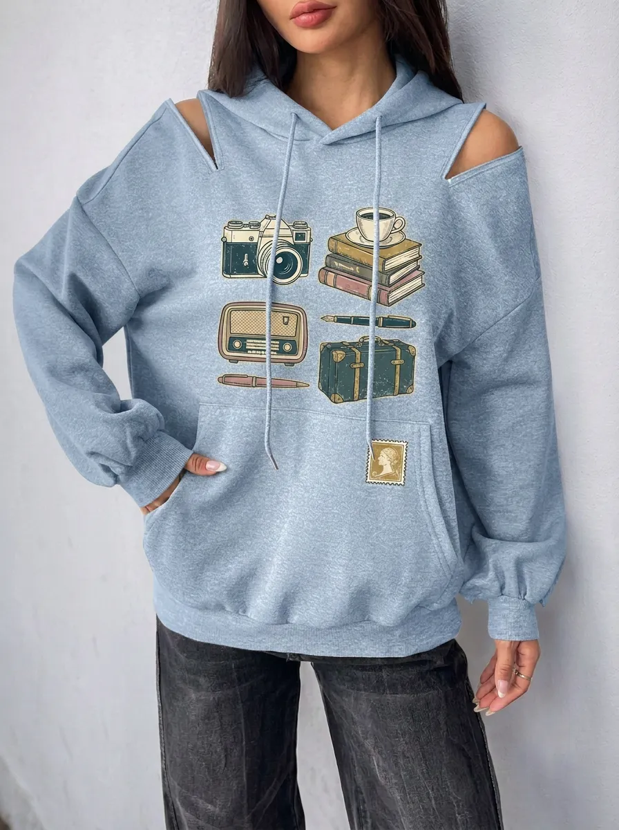 Women's Vintage Traveler Camera Books Printed Cold Shoulder Hoodie