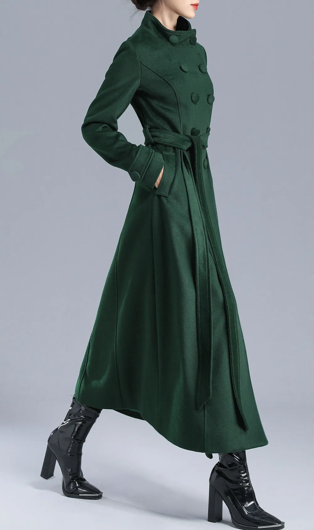 Wool Double Breasted Belted Pocketed Long Coat