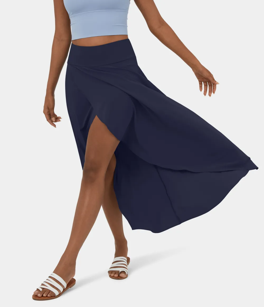 Breezeful High Waisted High Low Ruffle 2-in-1 Flowy Quick Dry Casual Regular Maxi Skirt