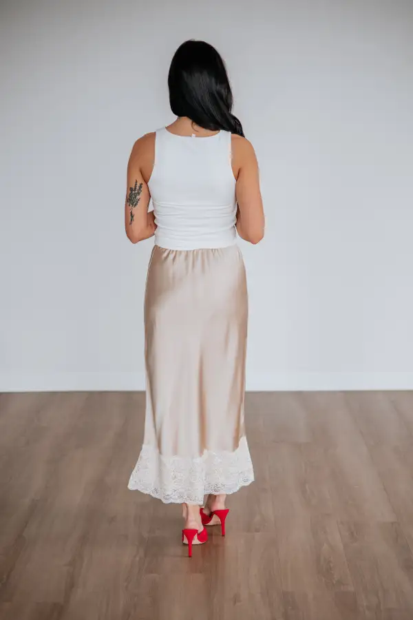 Satin Lace Scalloped Hem Midi Skirt
