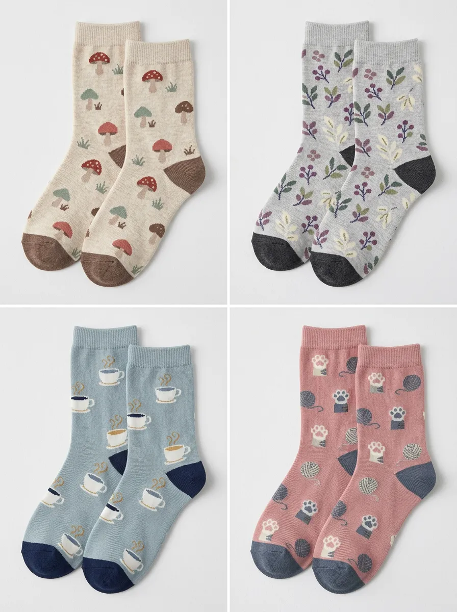 Women's Mushroom Coffee Yarn Crew Socks Four Pair Set